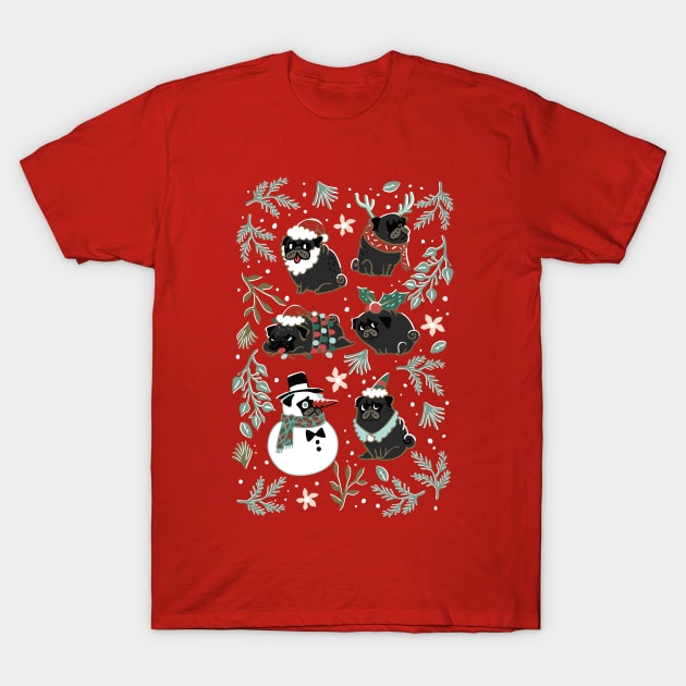 Christmas Black Pug T-Shirt by huebucket